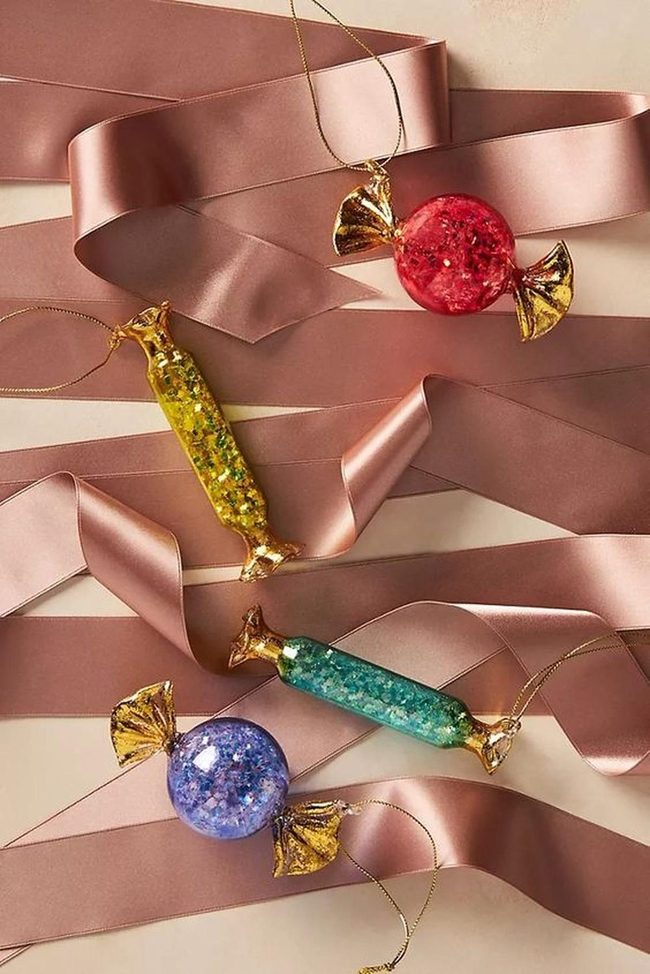 Glittery Candy Ornaments With Pink Ribbons
