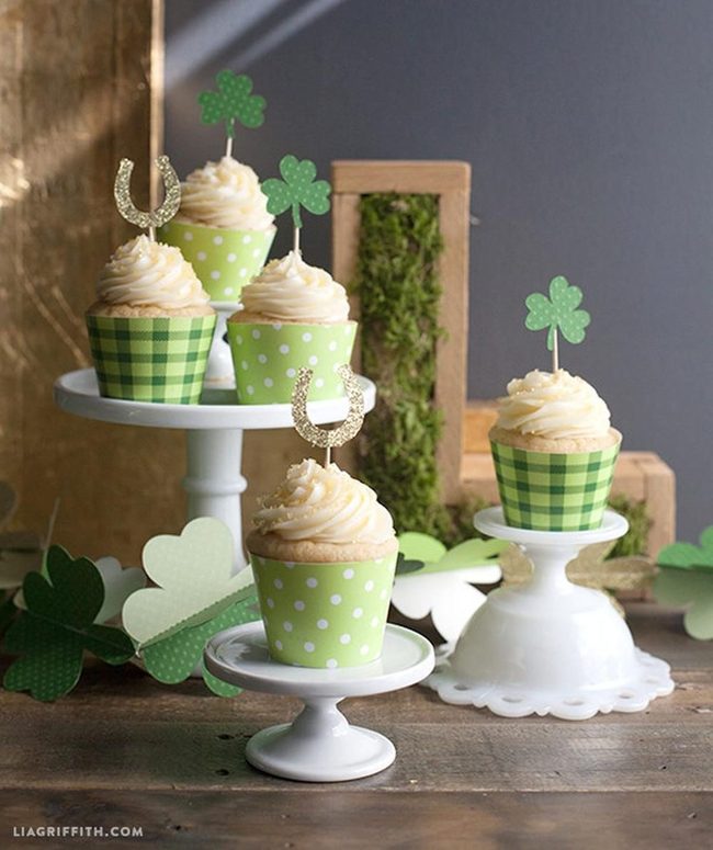 Green Polka Cupcakes With Shamrock Toppers
