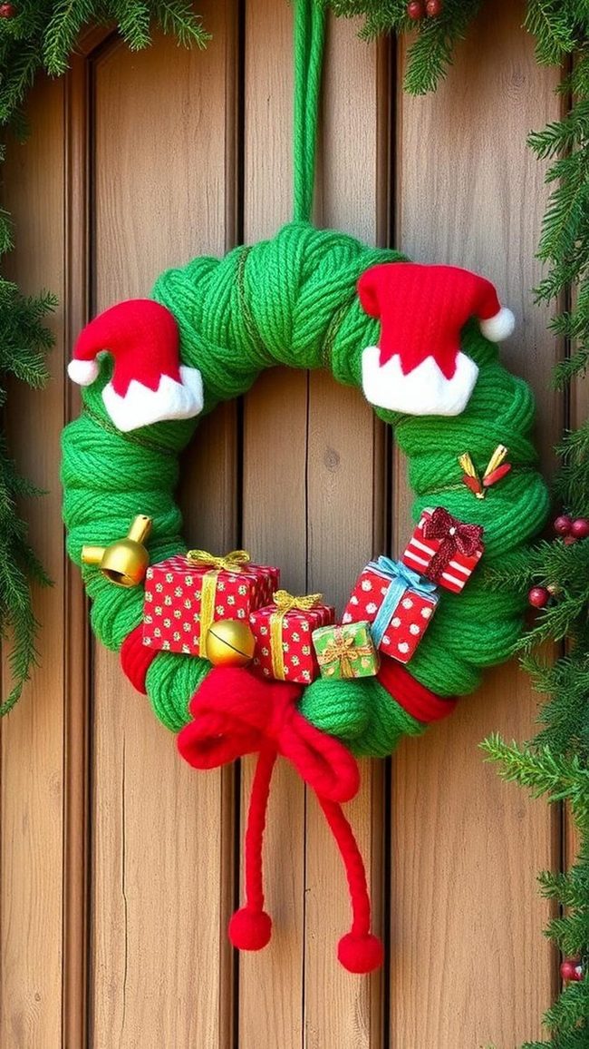 Green and Red Yarn Elf Door Wreath