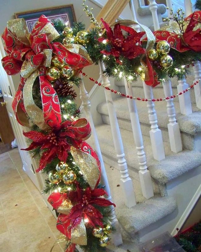 Green Garland, Red Poinsettias, Ornaments