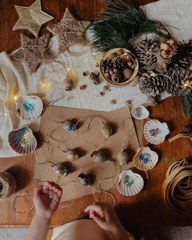 Pinecone And Shell Ornaments With Glitter