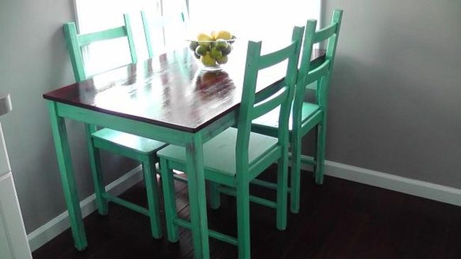 Teal Chairs, Brown Wood Contrast