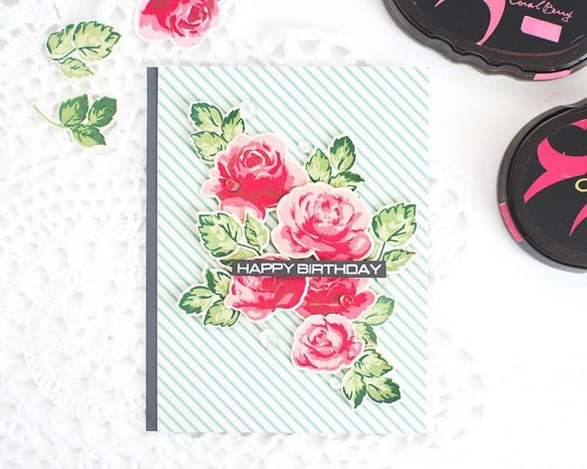 Pink Roses On Striped Blue