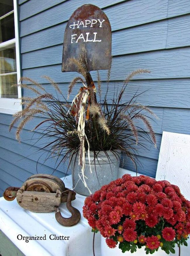 Crimson Mums In Vintage Shovel