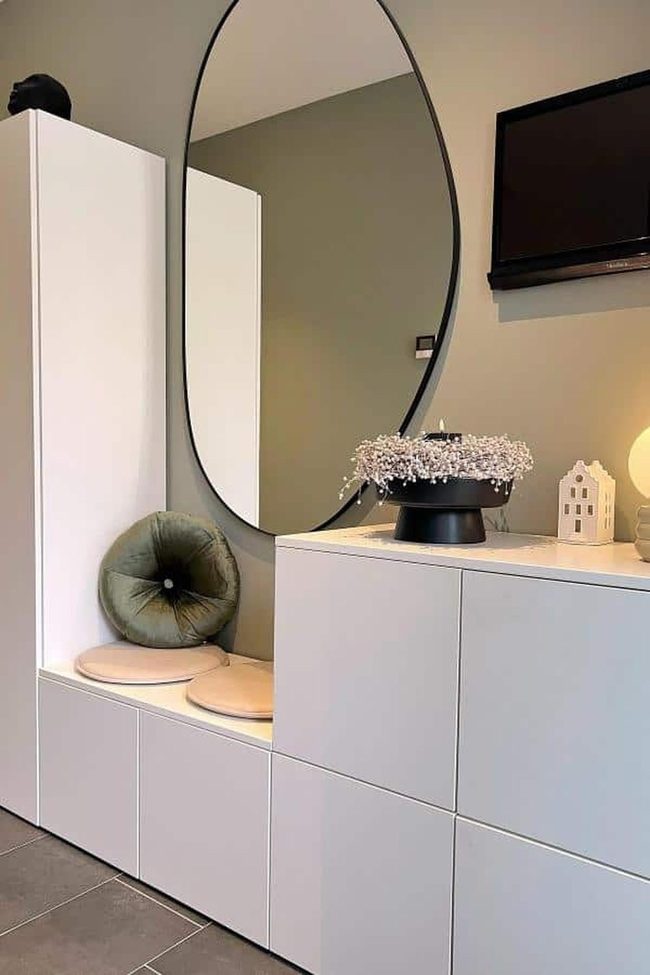 Sage Walls With White Storage System
