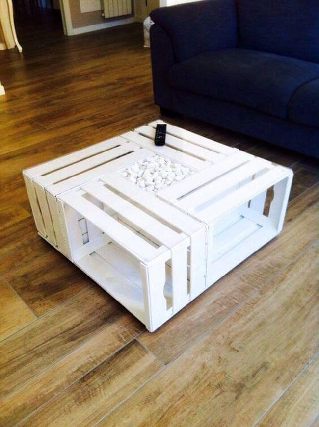 White Crate Table With Stone Accents