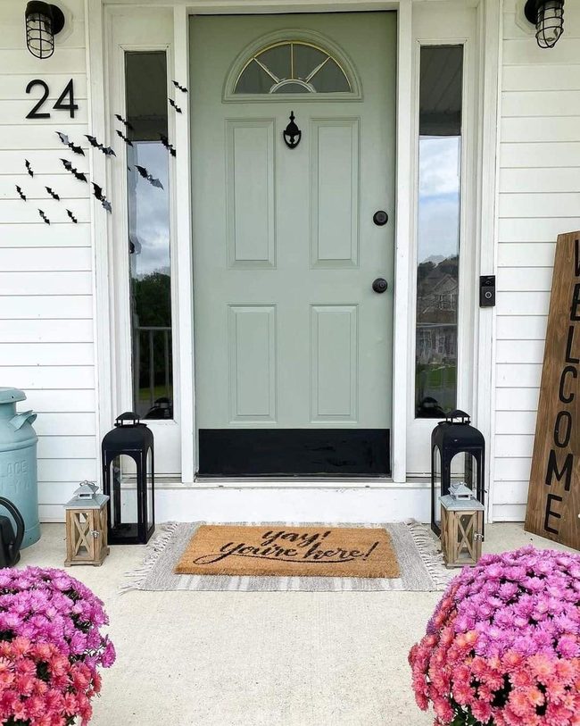 Sage Green Door, Pink Flowers