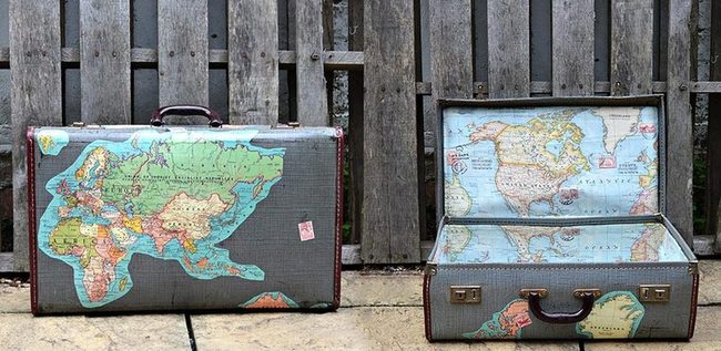 Map-Patterned Vintage Suitcase