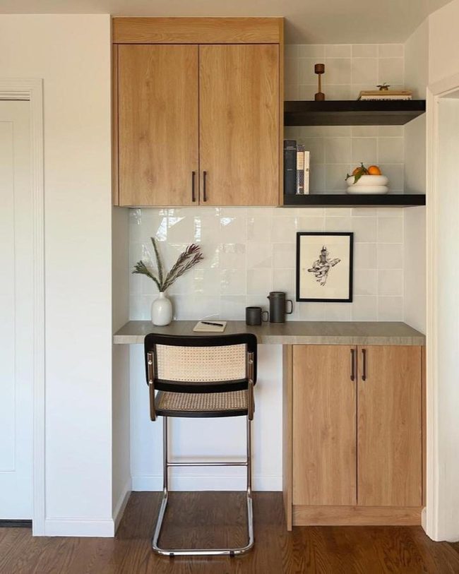 White Oak Cabinets With Black Floating Shelves