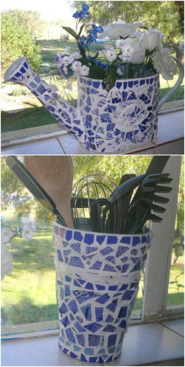 Shattered Glass Watering Can Mosaic