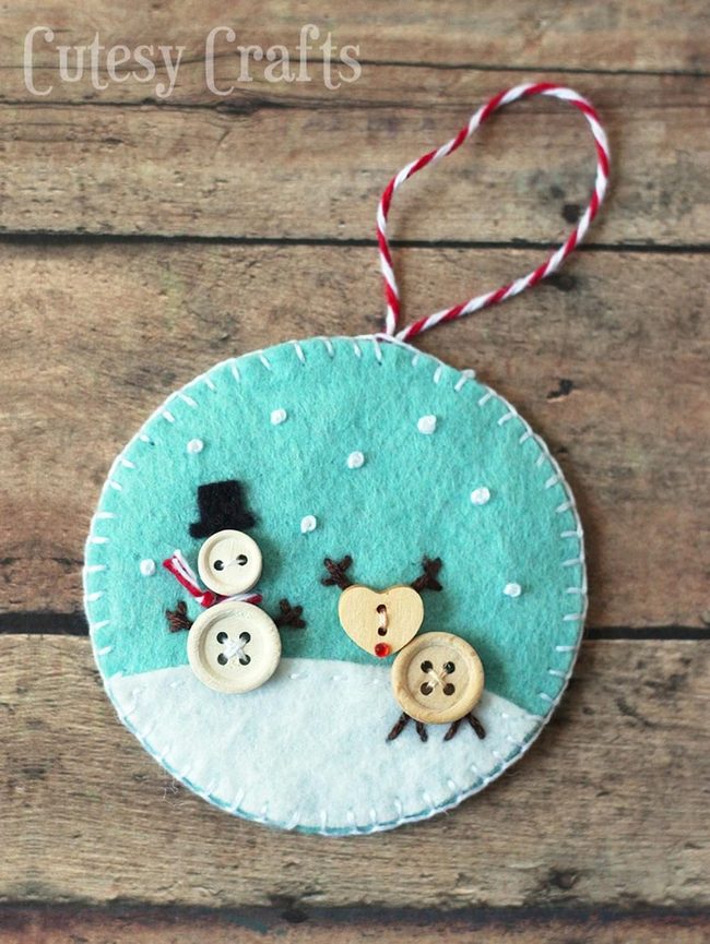 Button Snowman Blue Felt Ornament