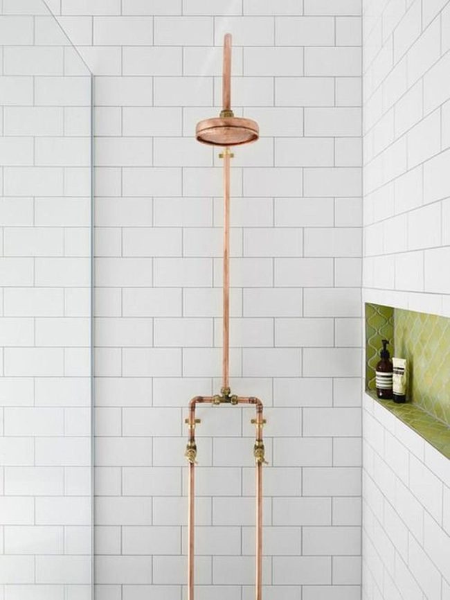 White Tiles, Copper Pipes, Green Hexagons