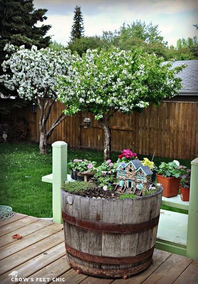 Tiny Fantasy Garden In Wooden Barrel