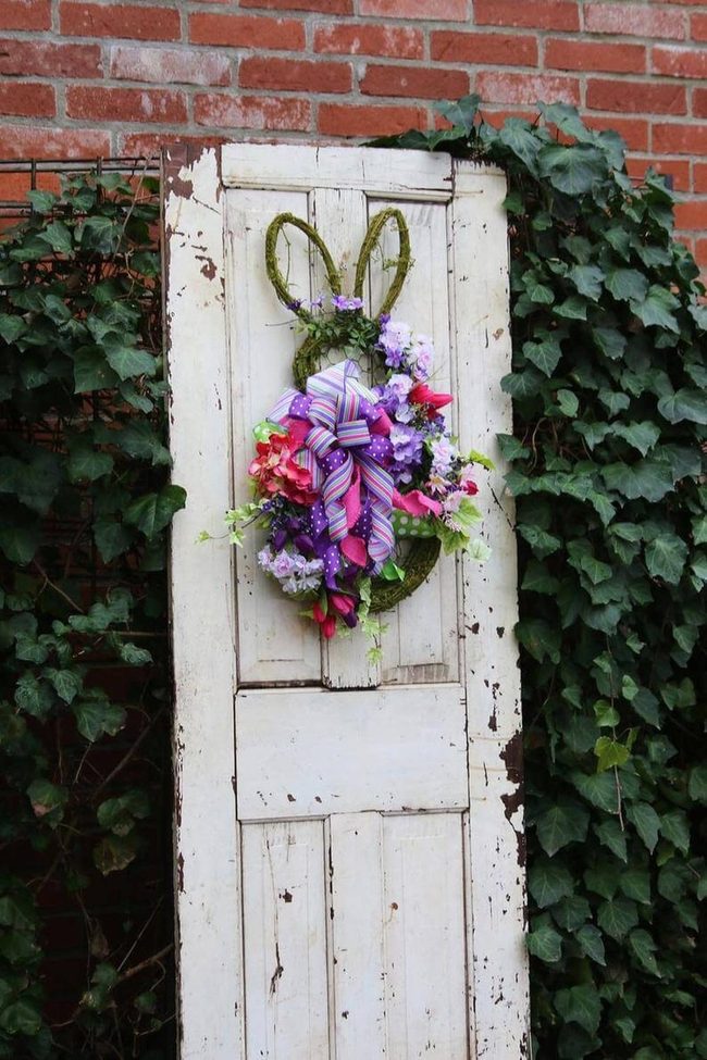 Pink Bunny Wreath With Striped Ribbons