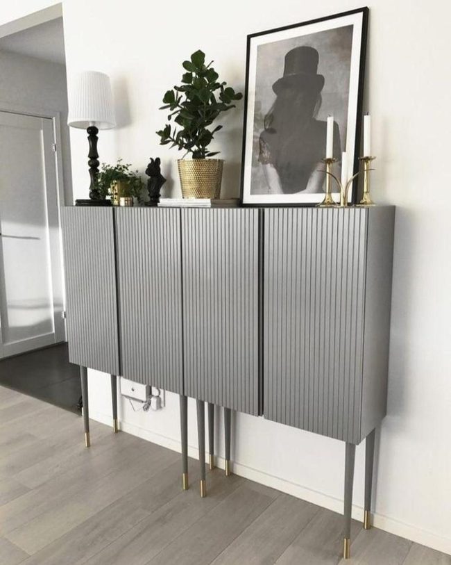Gray Fluted Cabinet Golden Brass Legs