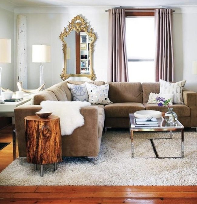 Brown Sectional, Golden Mirror Elegance