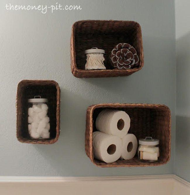 Dark Brown Baskets, Pale Blue Walls