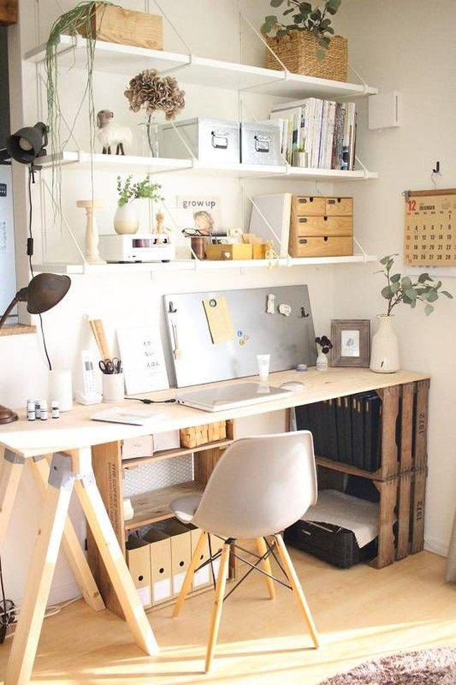 Light Wood Workspace With Organized Shelving