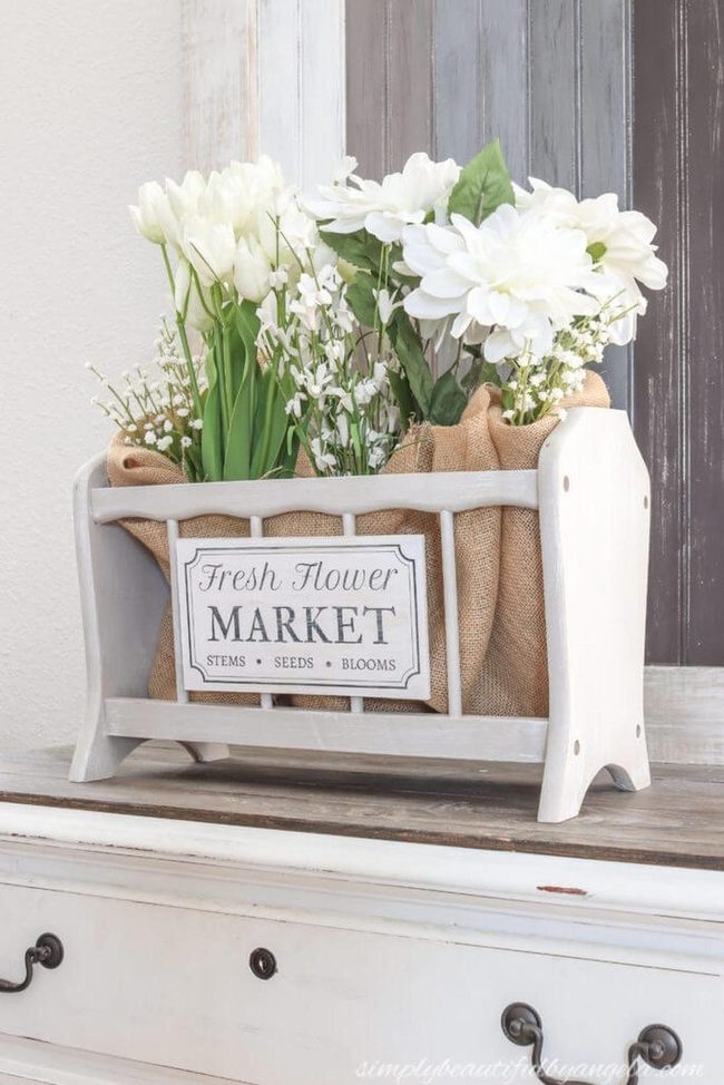 Painted Metal Basket With Silk Flowers