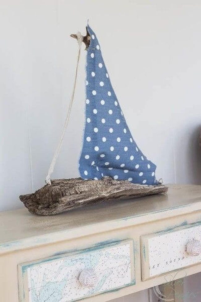 Driftwood Sailboat With Blue Polka Dots