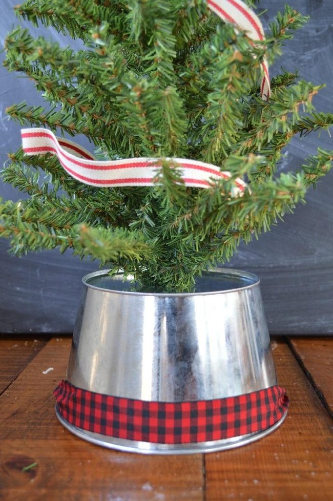 Silver Potted Evergreens With Striped Ribbons