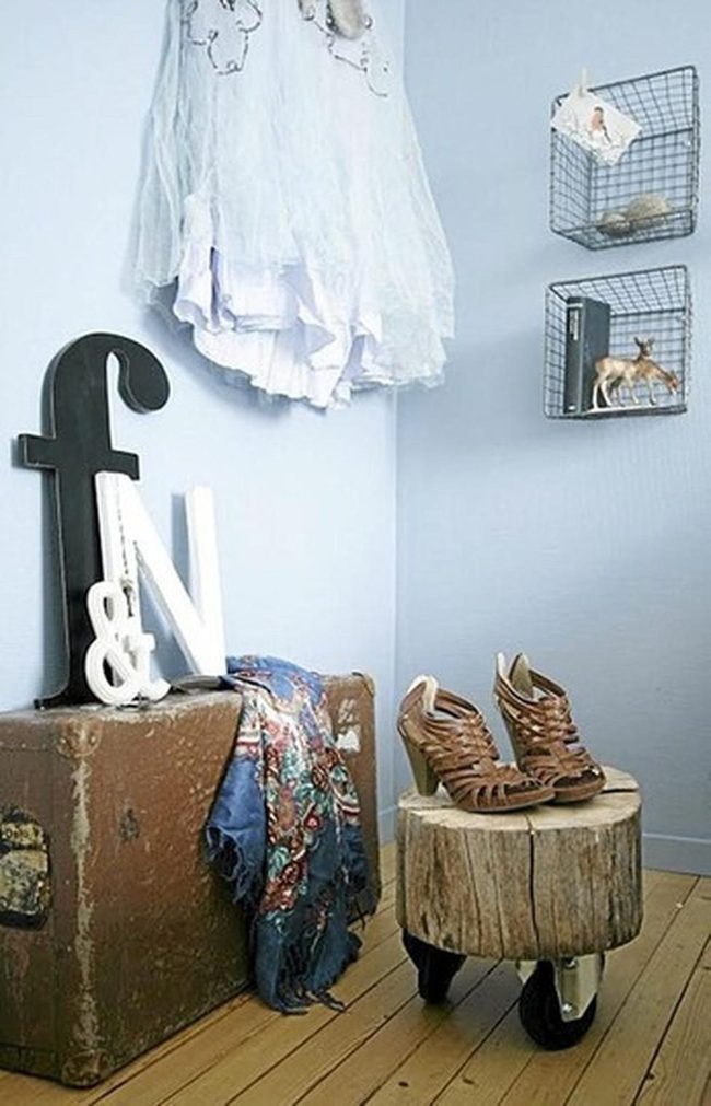 Pale Blue Wall With Vintage Suitcase