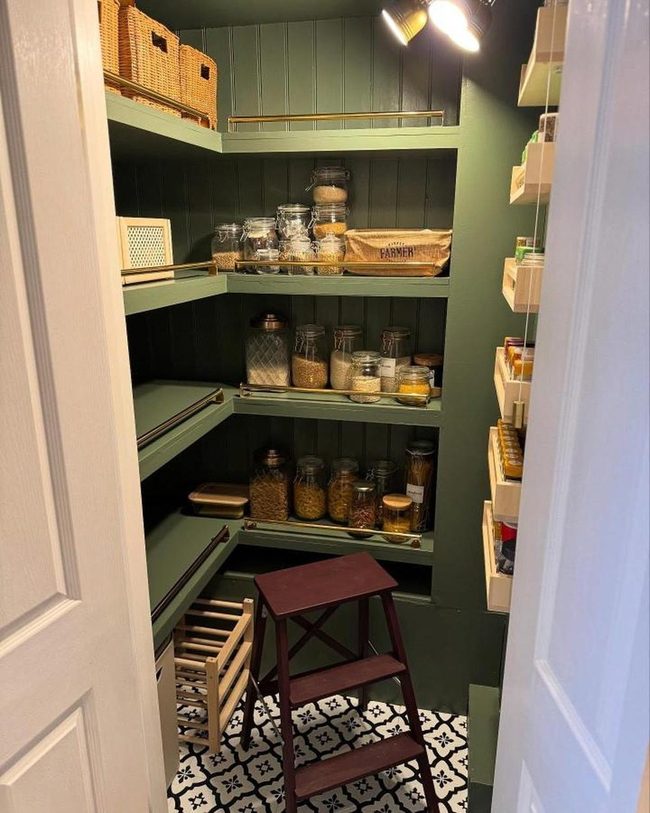 Sage Green Pantry With Brass Rails