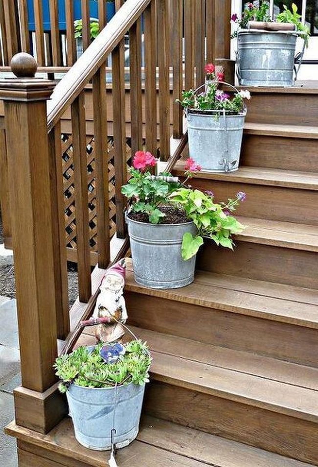 Weathered Metal Buckets With Flowers