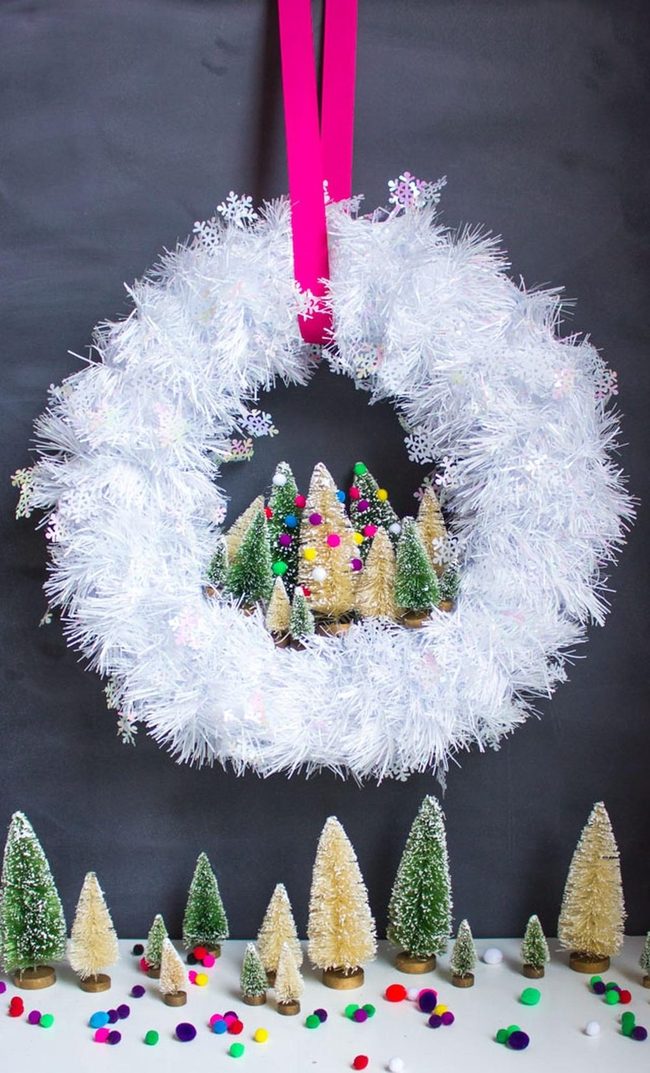 White Tinsel Christmas Wreath Pink Ribbon