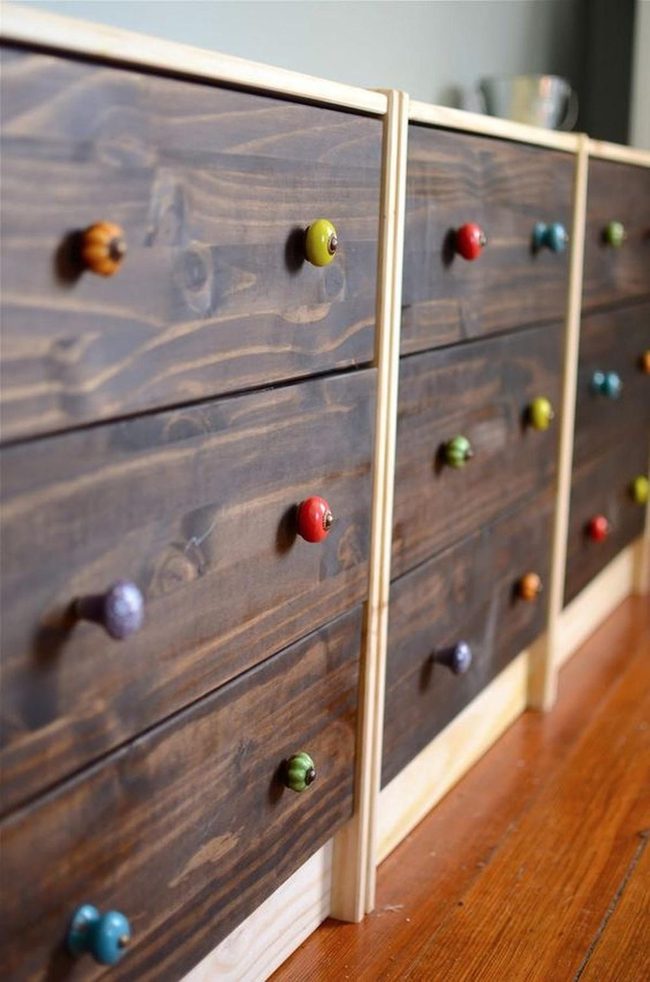 Dark Wood Drawers, Rainbow Knobs
