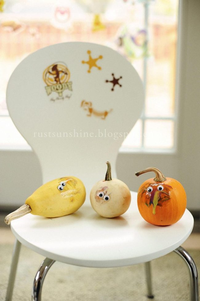 Sticker-Covered Chairs With Googly-Eyed Gourds
