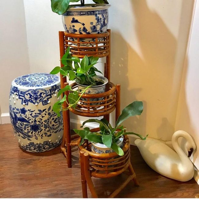 Tiered Wood Stand With Blue Ceramics