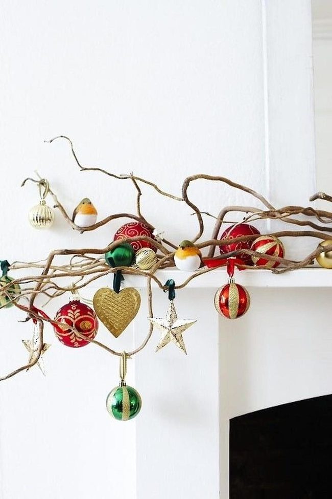 Red And Green Ornaments On Branches
