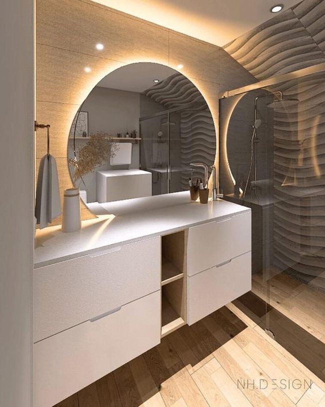 Curved Wood Bathroom With Wave Panels