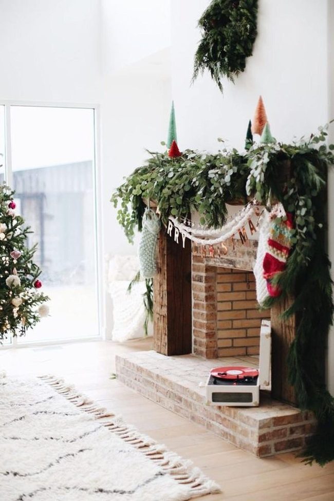 Brick Fireplace, Green Garlands, Red Ornaments