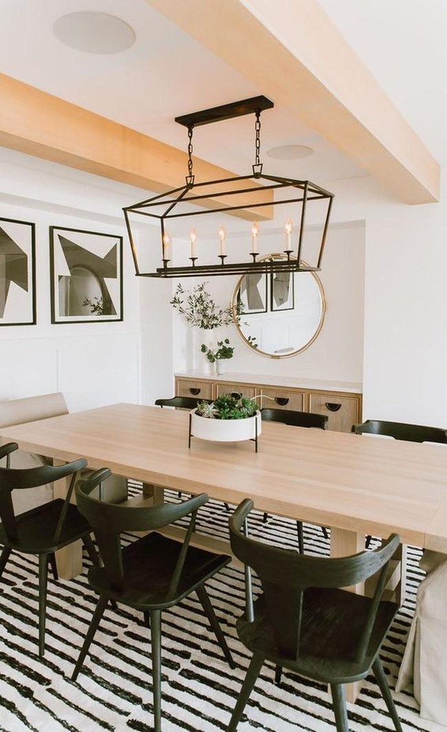 Natural Wood Beams, Modern Black Chairs