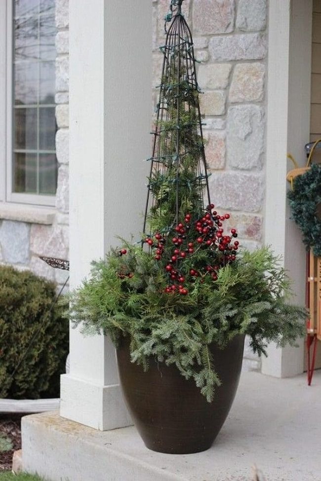 Evergreen Planters With Twinkling Lights