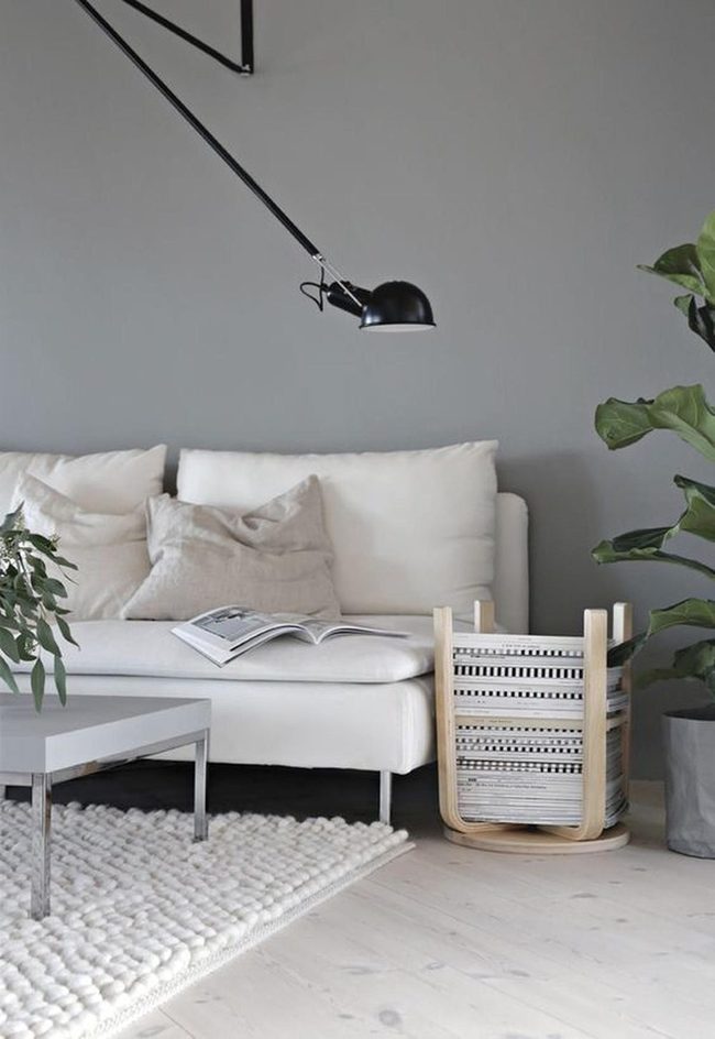 Light Wood Floors, Gray Walls, Green Plants