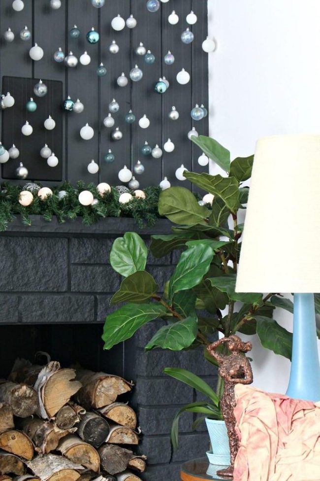 Dark Stone Fireplace, Silver Ornaments