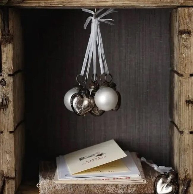 Hanging Silver Ornaments, Natural Wood