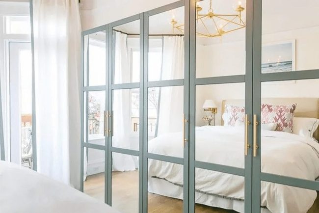 Mirrored Gray Wardrobe With Brass Hardware