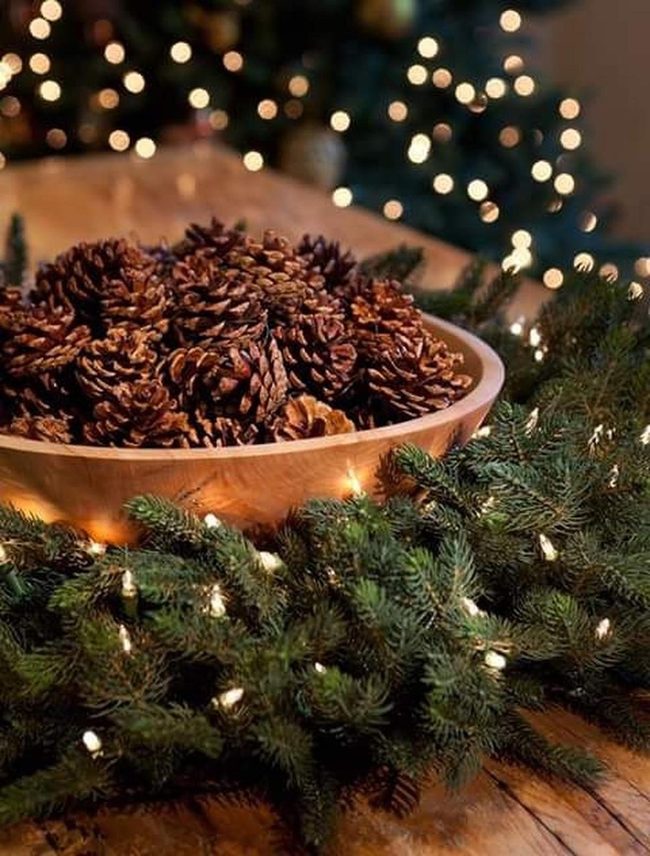 Pinecone Wooden Bowls With Fairy Lights
