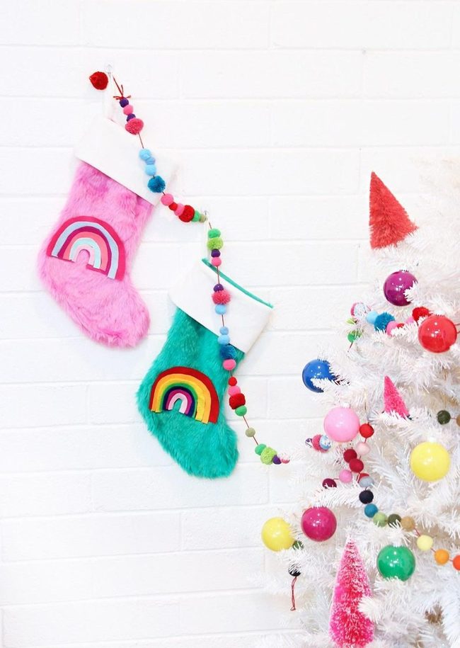 Colorful Ornaments White Trees Rainbow Stockings