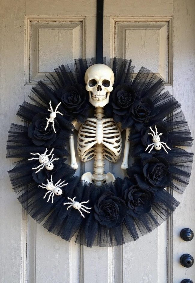 Black Skeleton Wreath Door Display