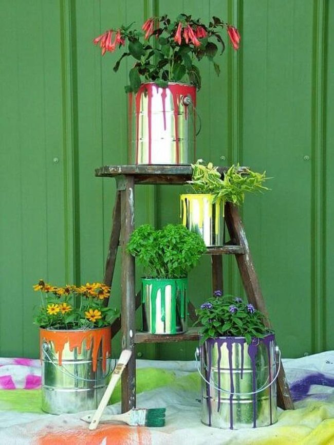 Painted Metal Pots Ladder Garden