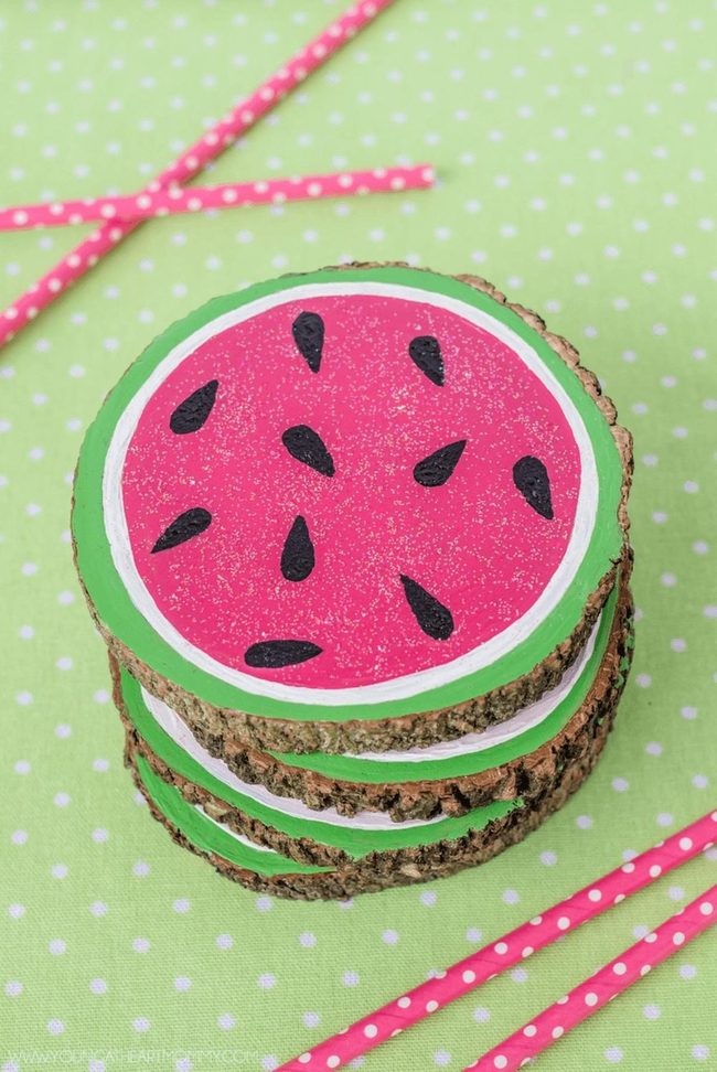 Pink Watermelon Glitter Wood Coasters