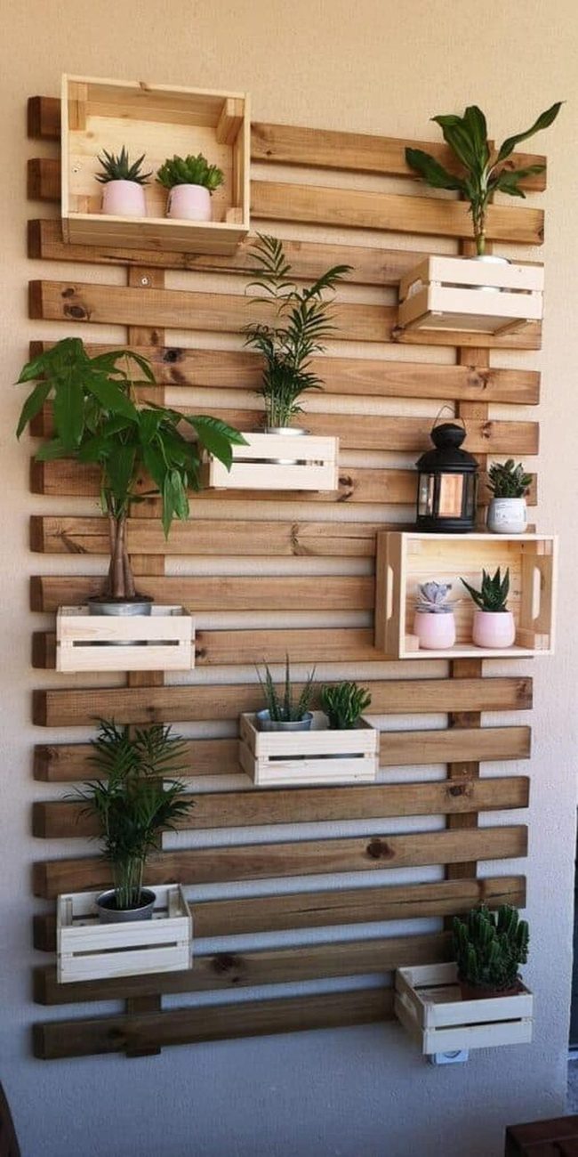 Stacked Wooden Crates Plant Wall