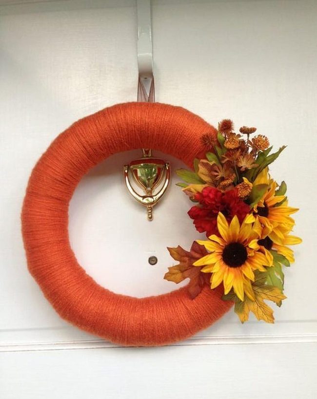 Orange Yarn Wreath With Sunflowers