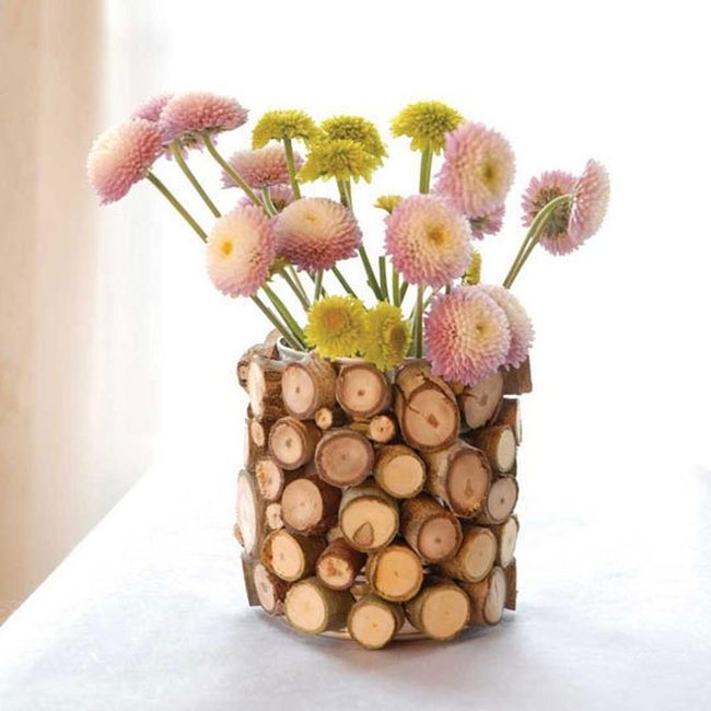 Natural Wood Vase Pink Blooms