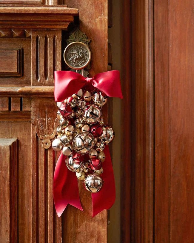 Wooden Door Silver Bells Red